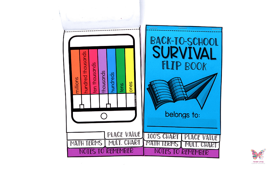 Back-to-school math survival flip book with place value to millions chart.