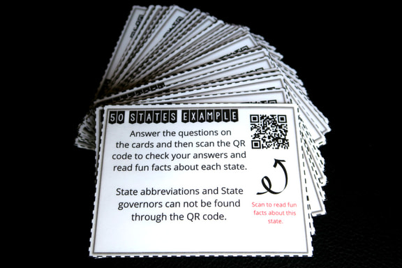 The 50 US states task cards with QR codes.