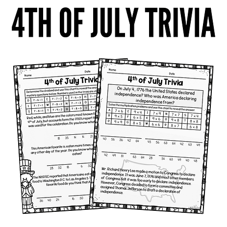 4th of July math activities and trivia worksheets for 3rd-grade and 4th-grade.