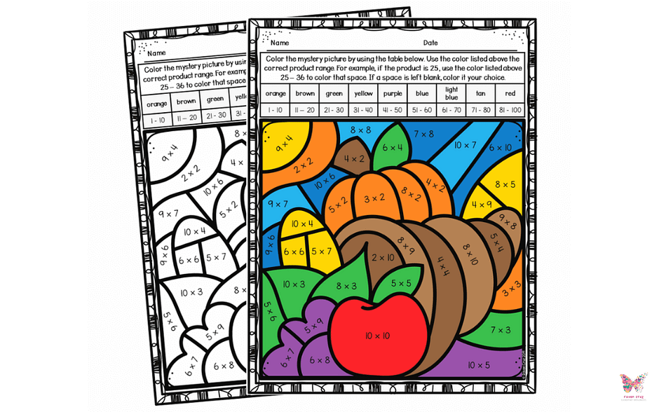 Thanksgiving color by number multiplication worksheet for 3rd-grade and 4th grade.