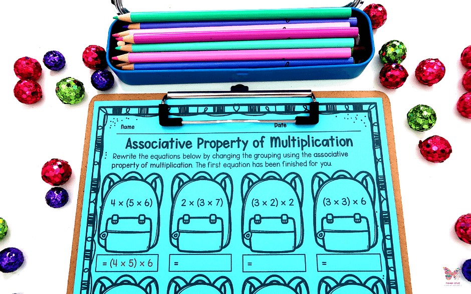 The associative property of multiplication for 3rd-grade worksheets.