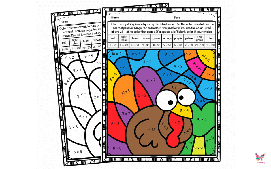 Thanksgiving color by number multiplication worksheet for 3rd-grade.